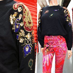 HOLIDAY Christmas BEADED Sequin Gemstone sweater TOP S-M-L